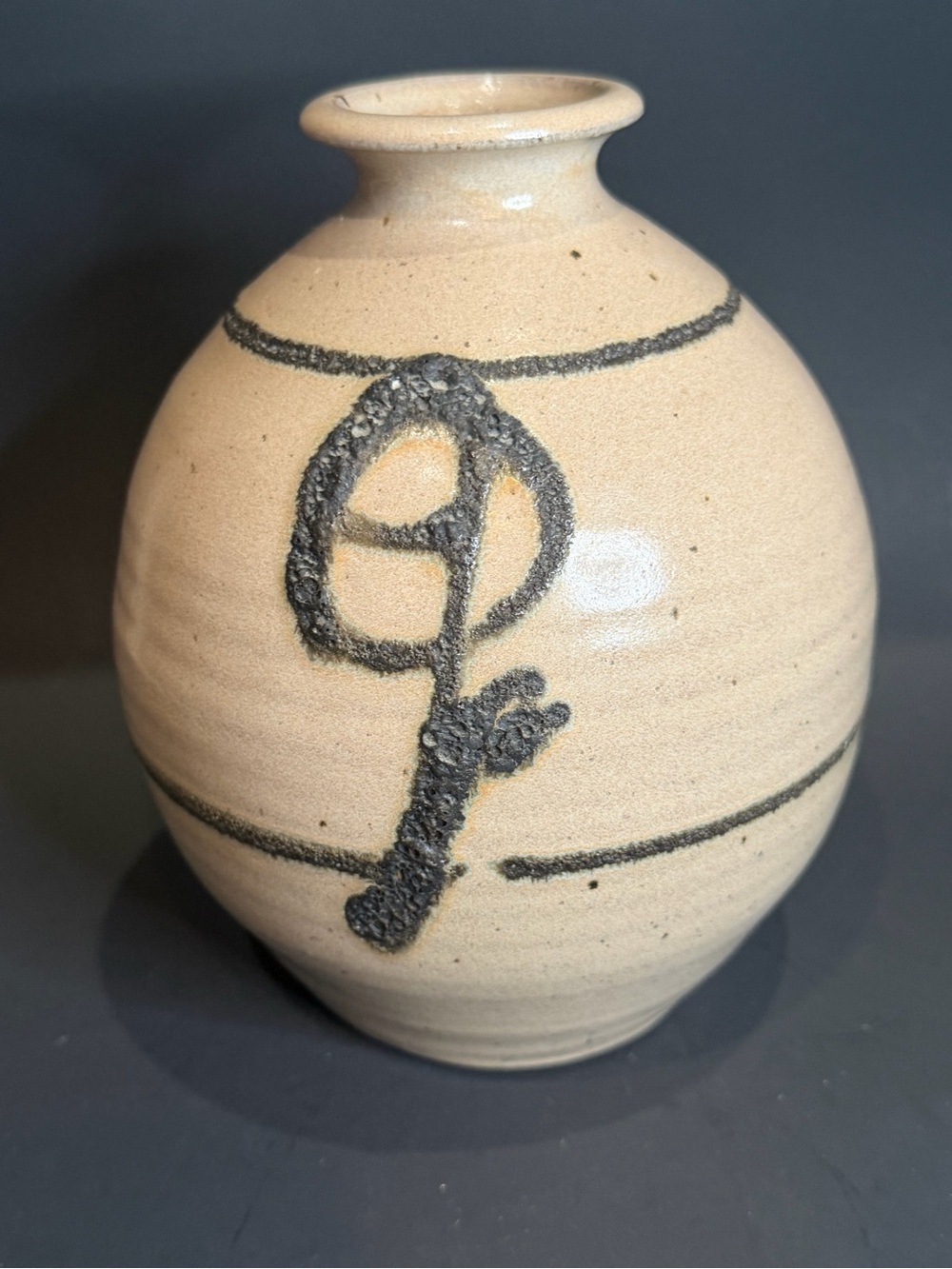 LEE Studio Art Pottery Beige Vase with Black Abstract details 7” Signed Handmade
